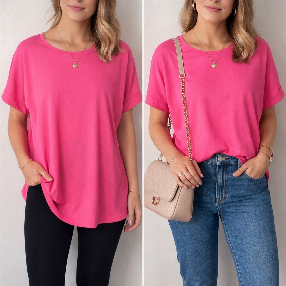 Zenana Outfitters Hot Pink Blouse with Cuffed Sleeves